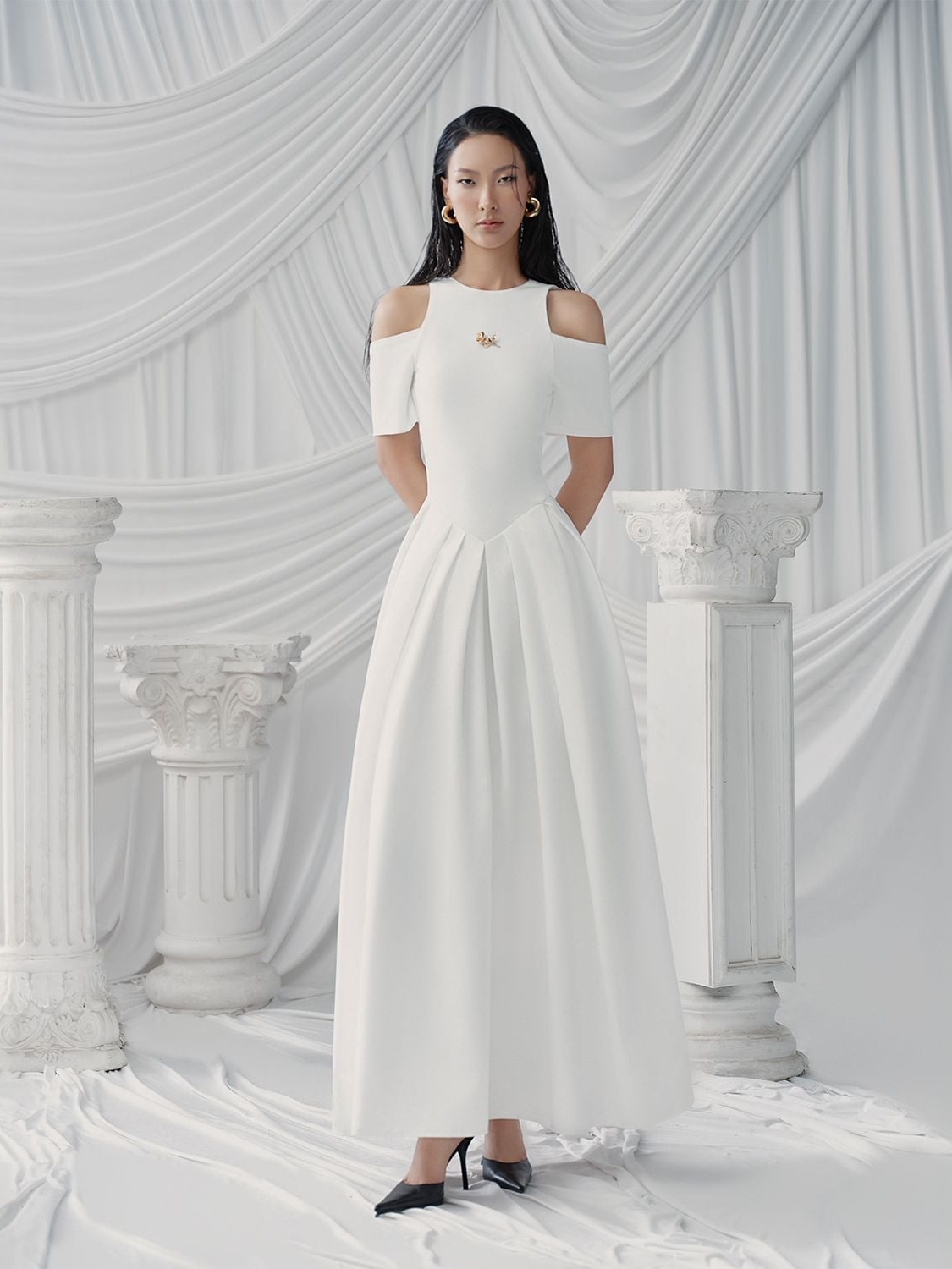 Off White Belt - Elegant White Off-Shoulder Waist-Cinching Dress with